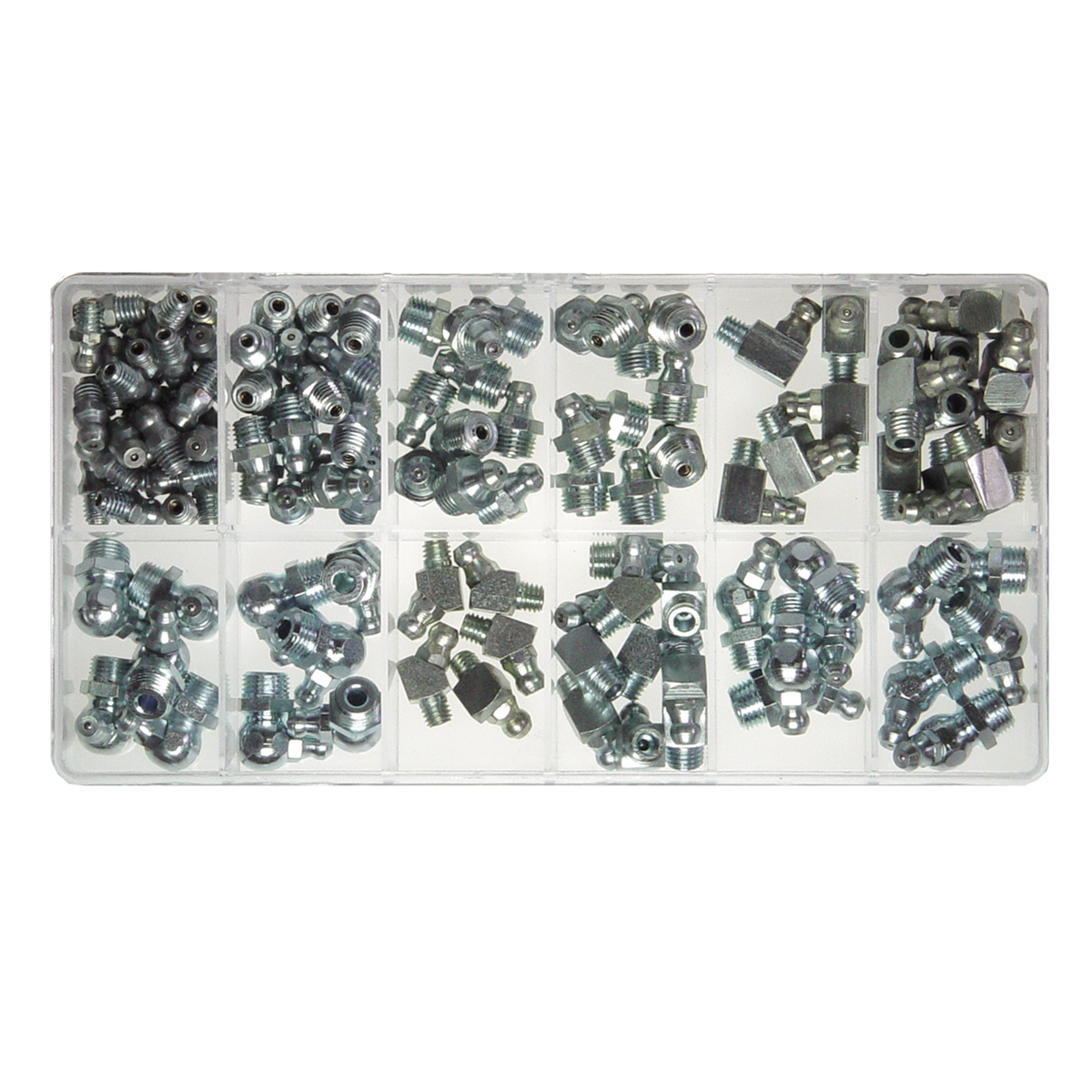 Асортиментна кутия, пълна с различни конусни и плоски гресьорки. Тип H1, H2, H3 и M1 в едно. Материал: Поцинкована стомана, месинг или неръждаема стомана V2A